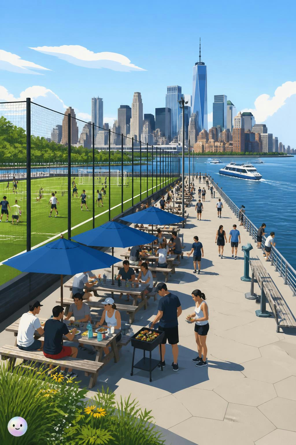 Este viejo muelle de Nueva York ahora es un parque con campos sobre el río.