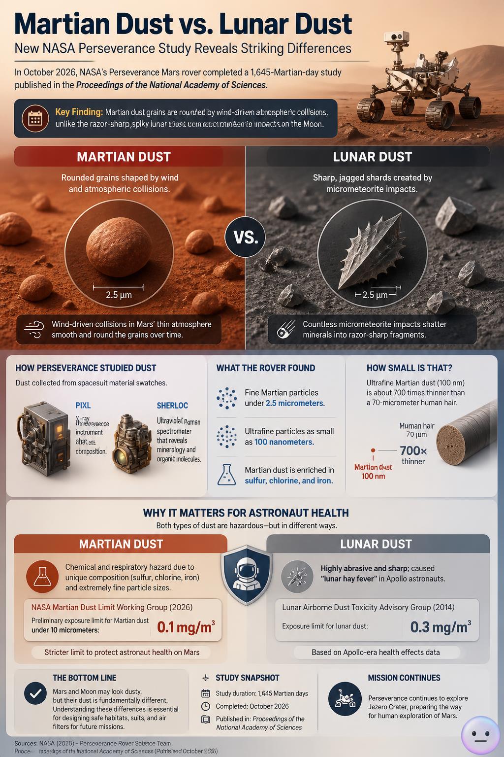NASA's Perseverance rover proved that Martian dust is rounded while lunar dust remains razor-sharp.