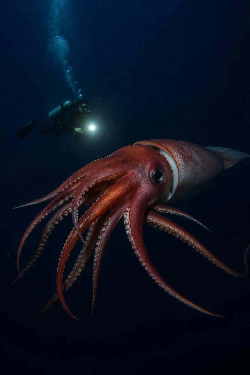 El calamar gigante mide como un autobús y tiene ojos como platos.