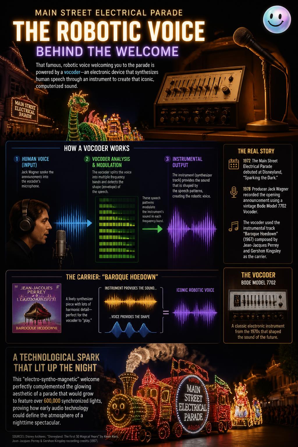 Creators gave the Baroque Hoedown intro its mechanical personality by running speech through a vocoder