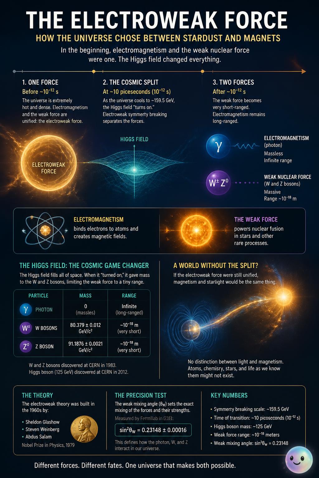 The Higgs field split the single electroweak force into electromagnetism and the weak force.