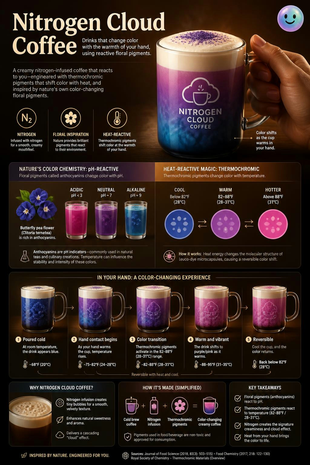 Your body heat can actually change your coffee's color using floral pigments.