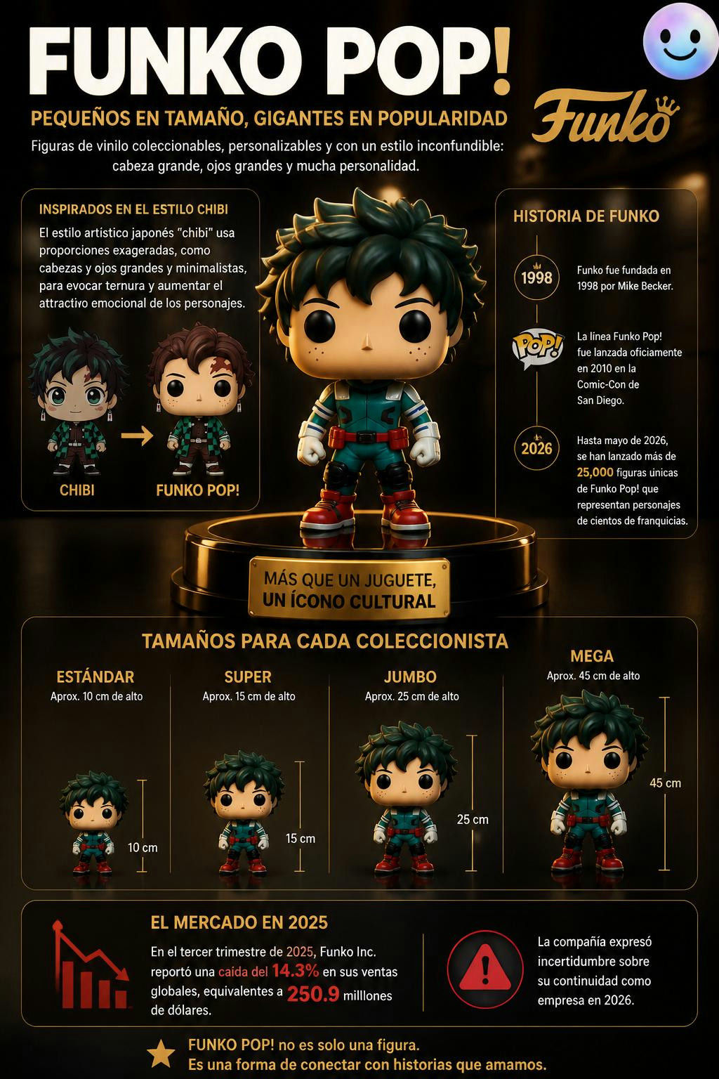 Los icónicos **Funko Pop!** están inspirados en el estilo artístico japonés **chibi**, que diseña personajes con cabezas gigantes y ojos enormes para que luzcan súper tiernos. Aunque hoy existen miles (sobre: The Funko Pop! vinyl figure represents a customizable, stylized collectible character produced by the American company Funko, featuring an oversized head and large black eyes.)