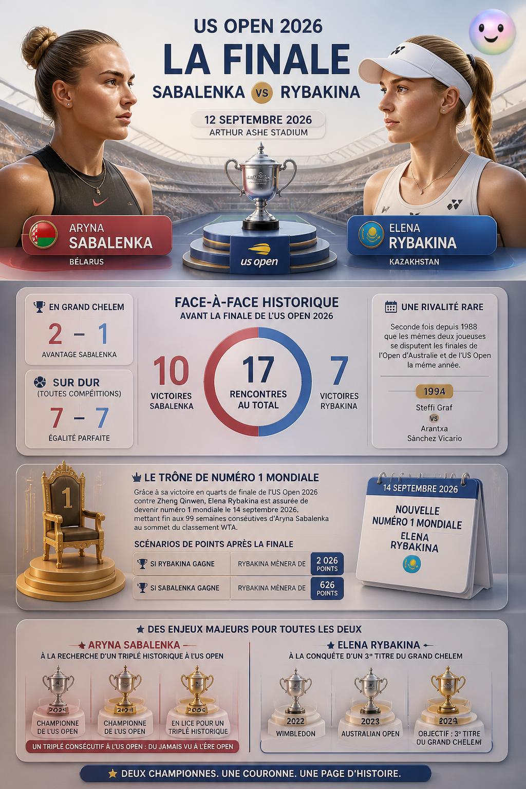 Sabalenka et Rybakina s'affrontent pour la place de numéro un mondiale à l'US Open.
