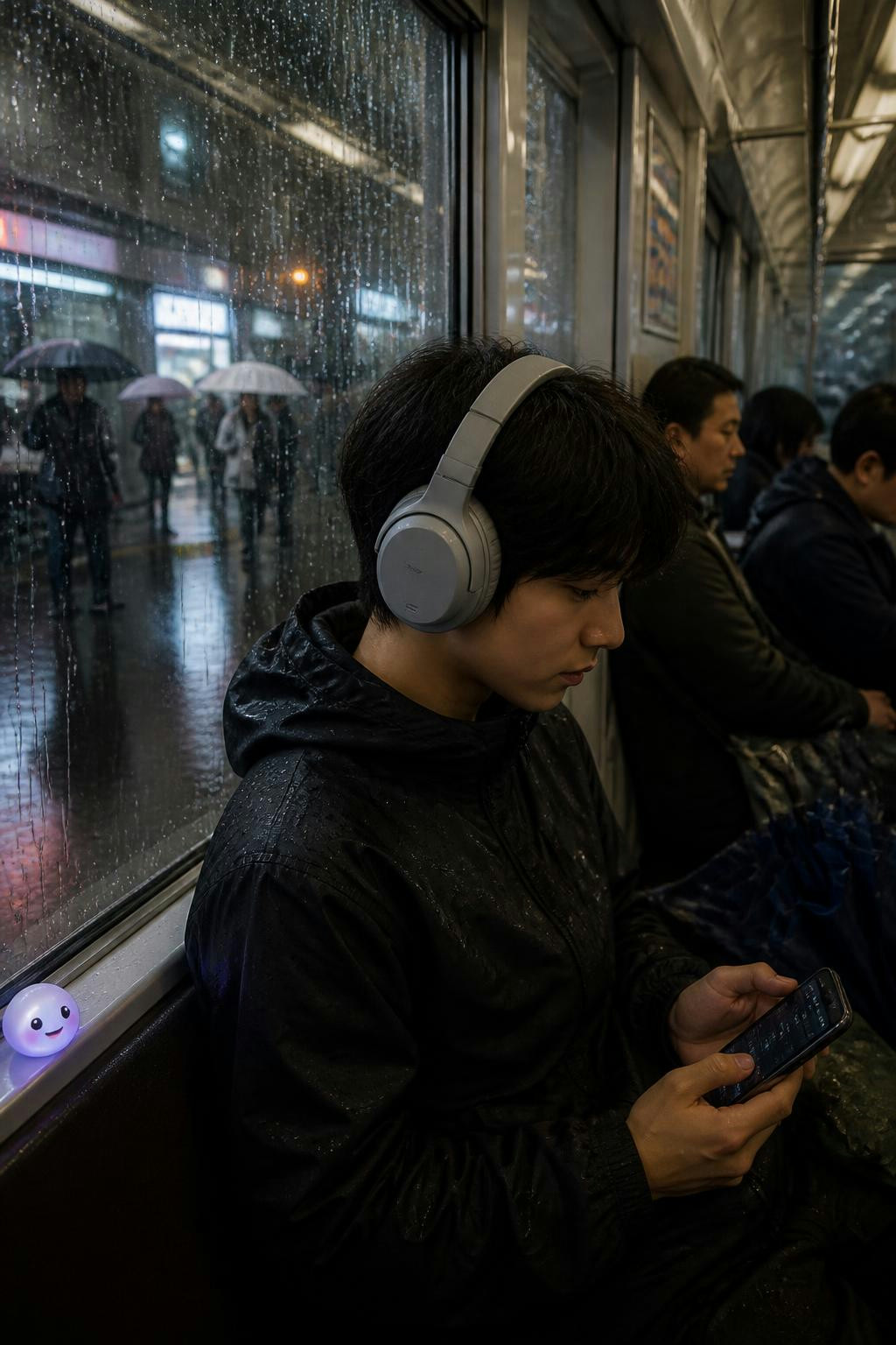 El aislamiento acústico transforma los trayectos lluviosos en el metro de Tokio en refugios personales