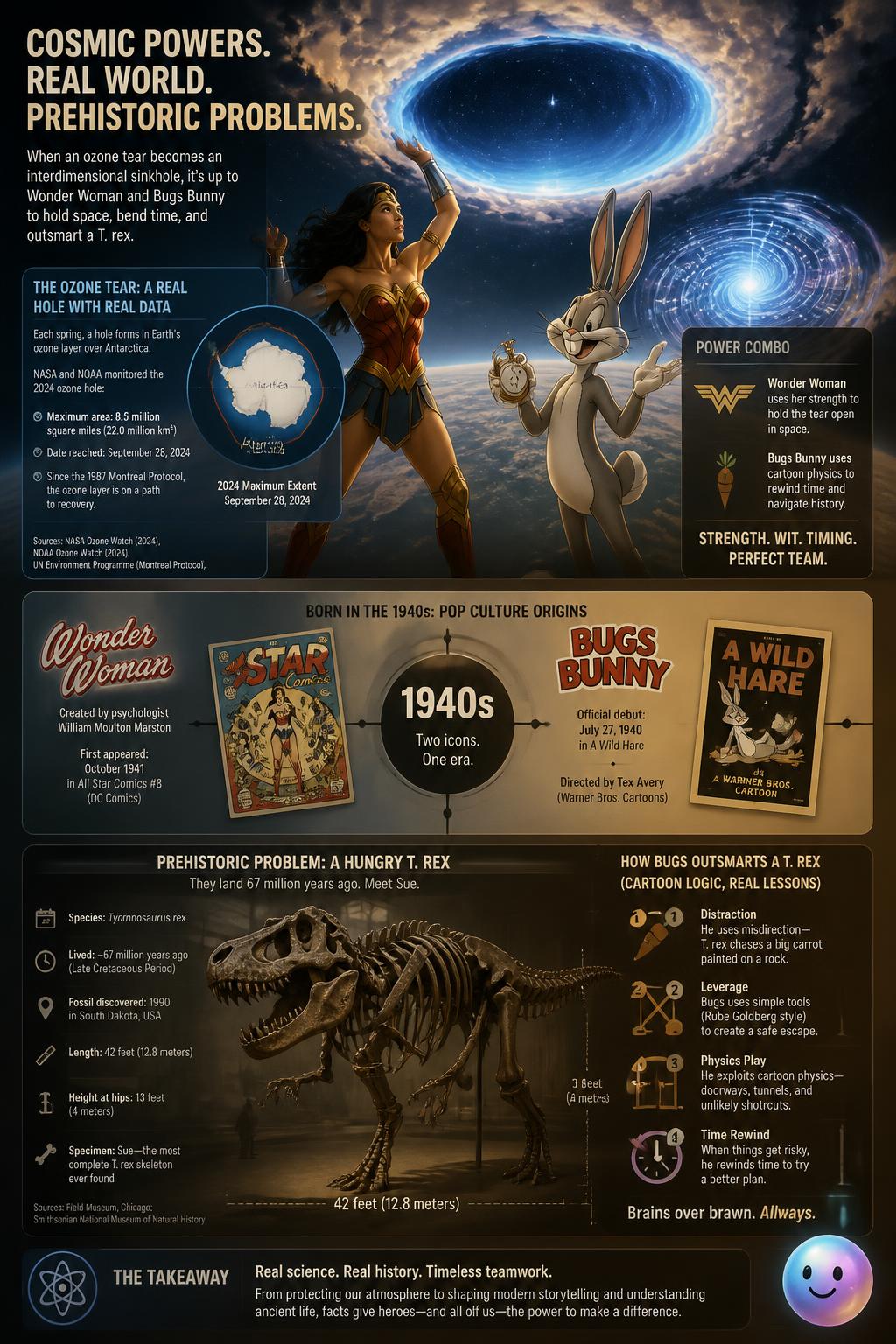 Cartoon logic makes Bugs Bunny the ultimate weapon against a hungry prehistoric T-Rex.