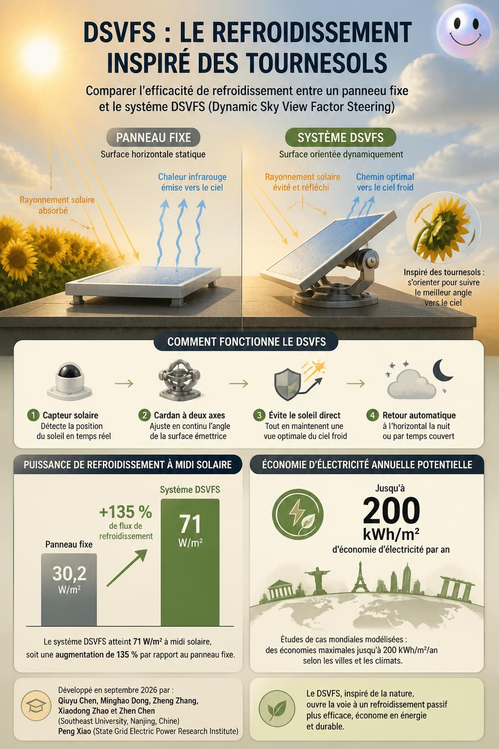 Le système DSVFS inspiré des tournesols refroidit mieux qu'un panneau fixe traditionnel.