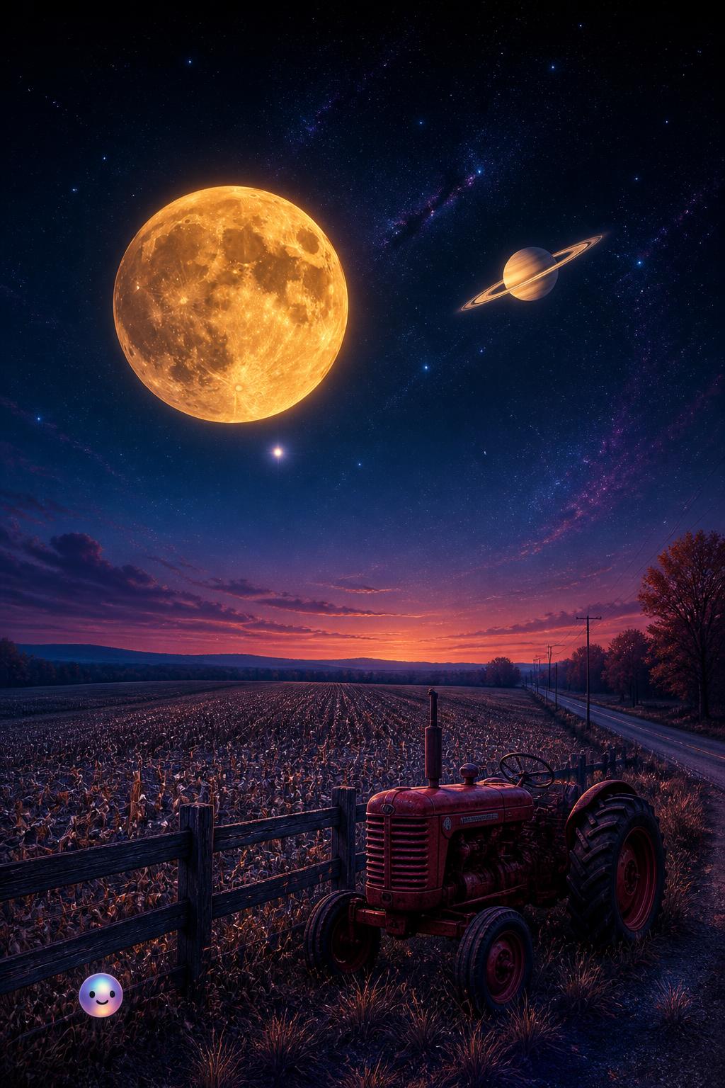 The bright Harvest Moon meets the ringed planet Saturn in the autumn night sky.