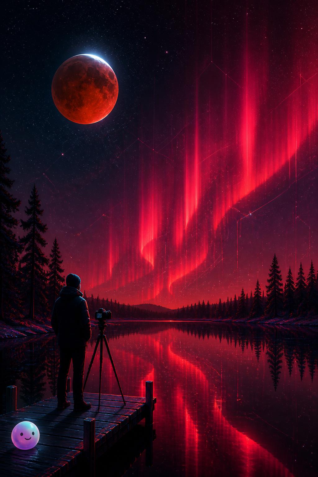 Une lune rouge sous des aurores boréales !