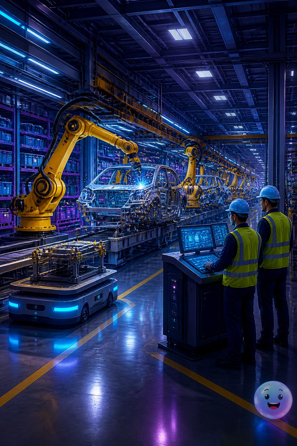 Automotive assembly lines organize chaotic manufacturing steps into perfectly synchronized, symmetrical patterns.