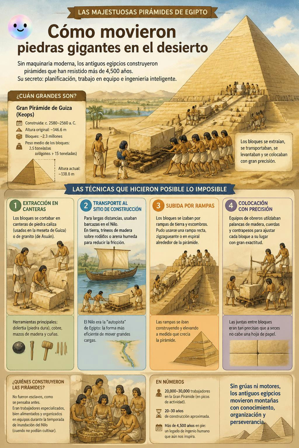 Un poco de agua en la arena era el secreto para mover esos bloques gigantes.