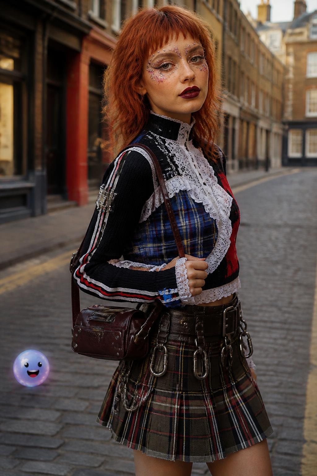 Auburn hair and quirky styling completely redefine the traditional manic pixie trope.