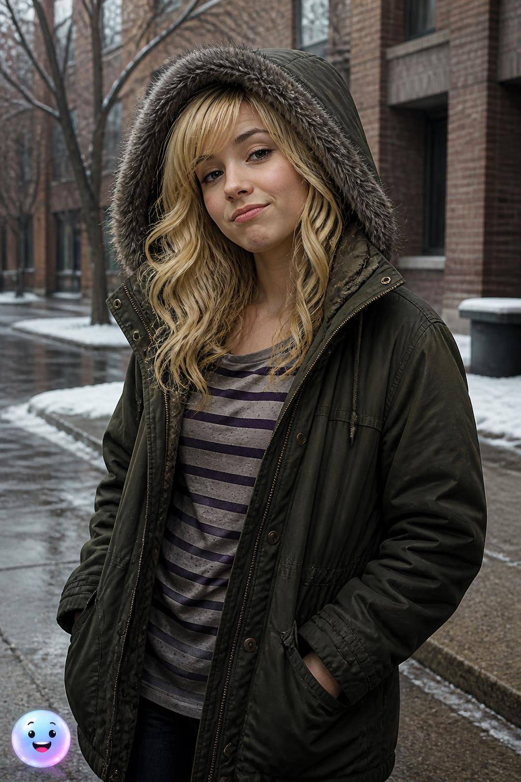 Sam Puckett uses her oversized winter hood as a personal emotional shield.