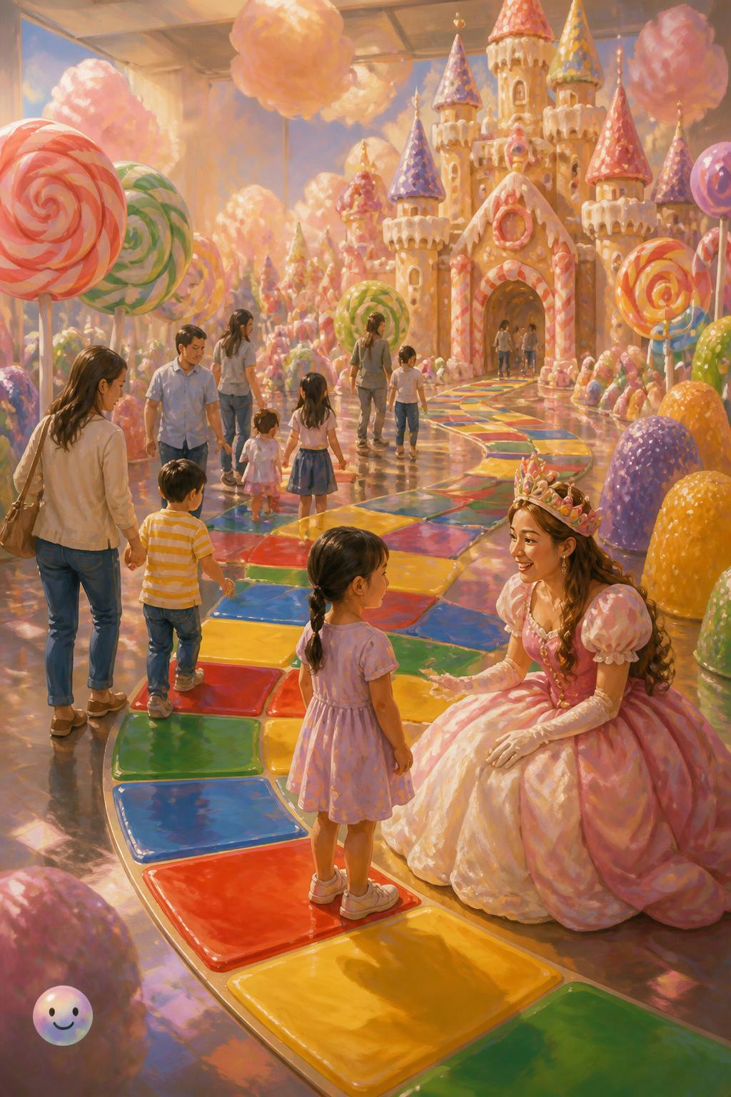 Recreating Candyland as a giant walkable board game encourages active family bonding through play.