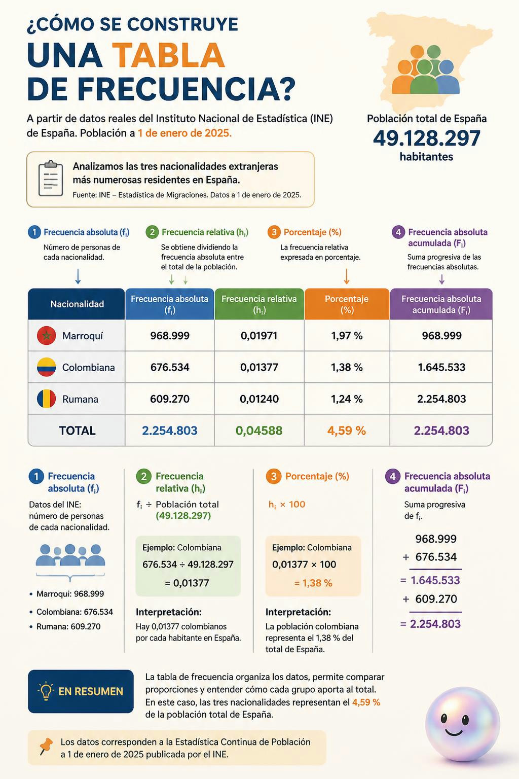 Ordenar datos de España en una tabla de frecuencia revela qué nacionalidades se repiten más.