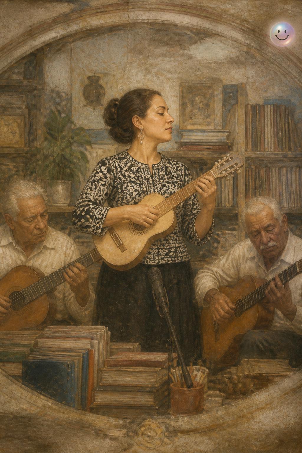 That’s a Mexican jarana, not a uke, giving her folk music its heartbeat.