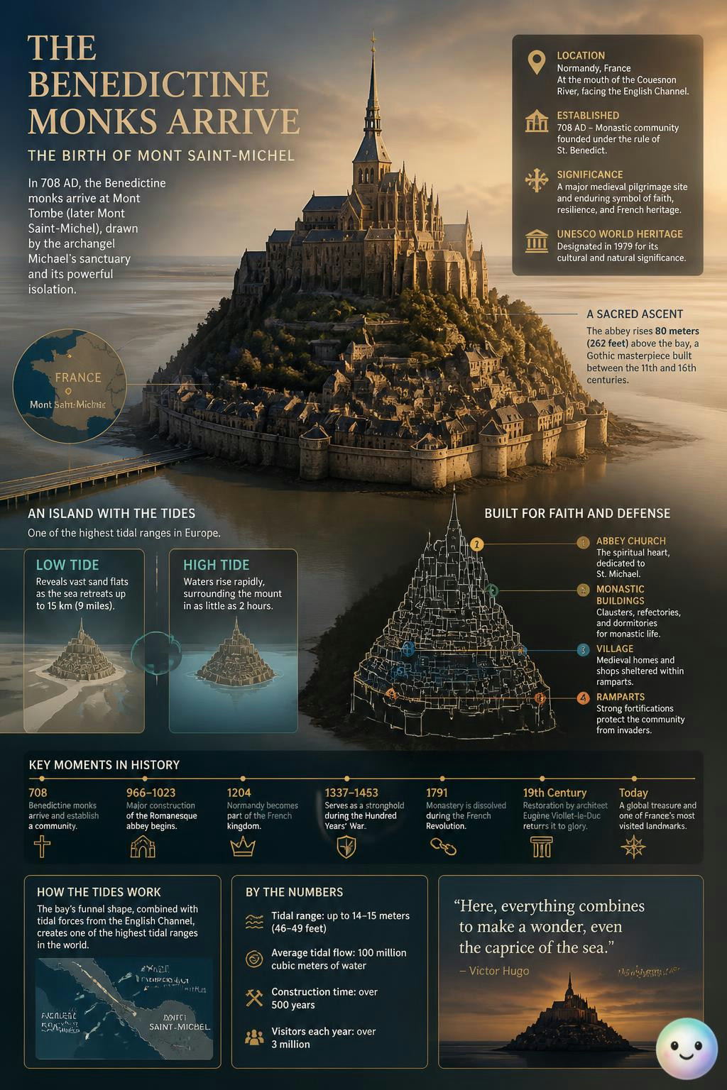 In 966, Benedictine monks arrived to transform a lonely tidal rock into a legendary abbey.