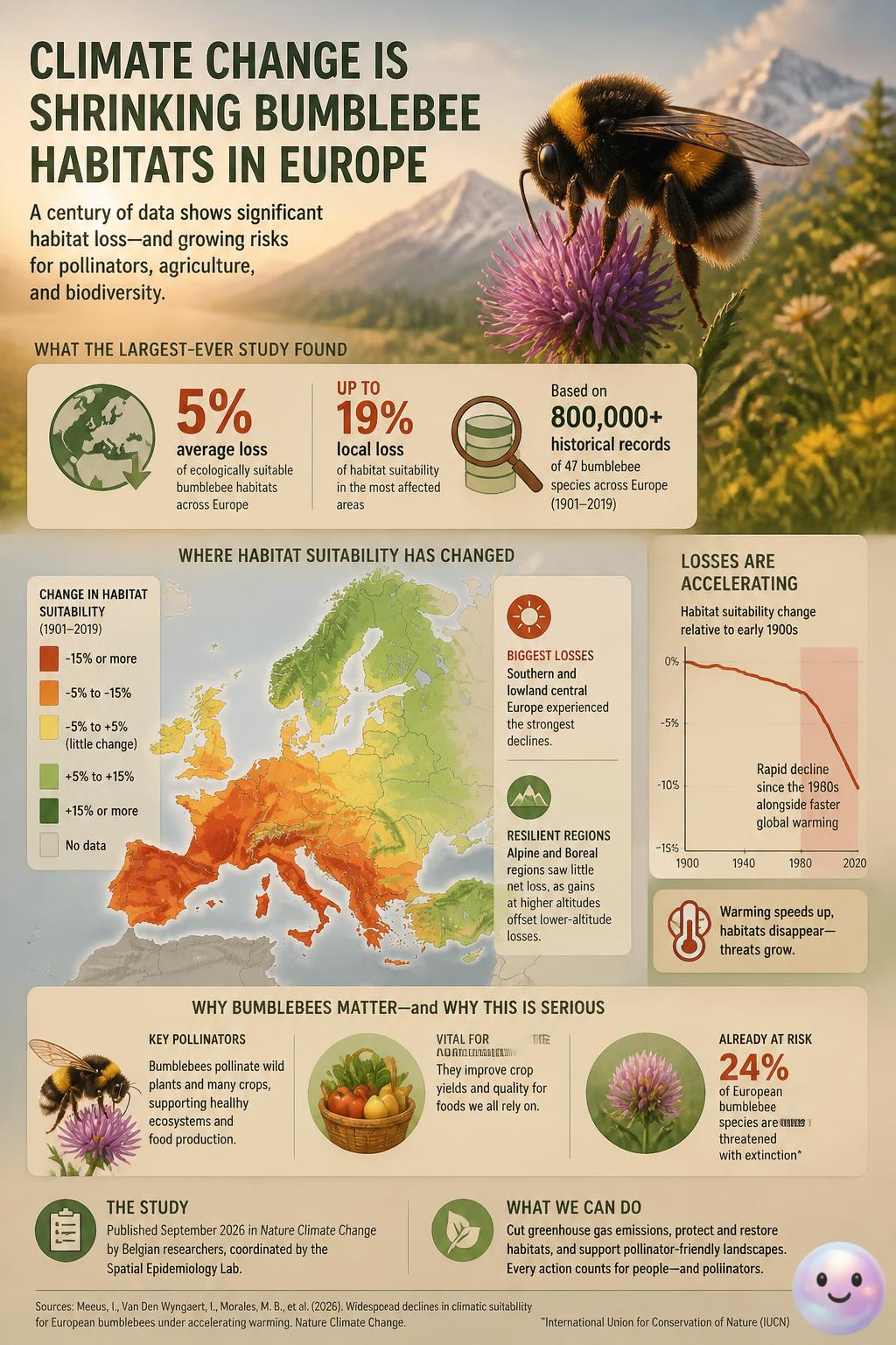 Climate change has reduced Europe's suitable bumblebee habitats by an average of five percent.