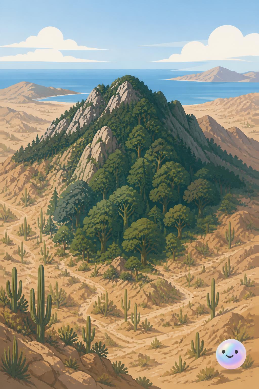 Las cumbres de Los Cabos funcionan como **islas del cielo** porque su altura atrapa la humedad del océano, permitiendo que cr