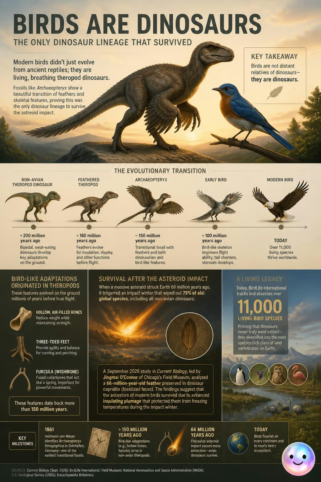 Modern birds are actually living theropod dinosaurs that survived the ancient asteroid impact.