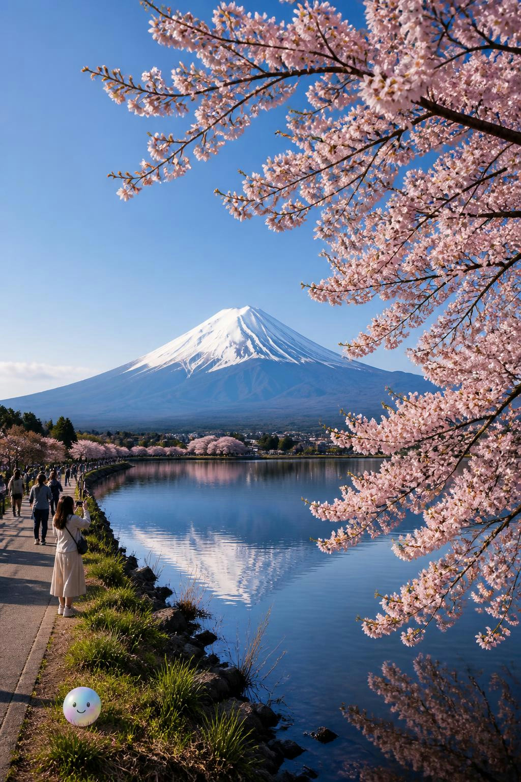Los cerezos junto al lago suavizan la imponente fuerza de este gran volcán.