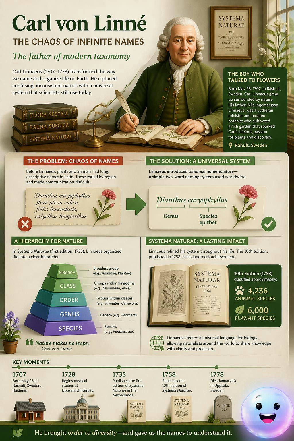 Carl von Linné realized that trying to name every plant individually creates absolute chaos.