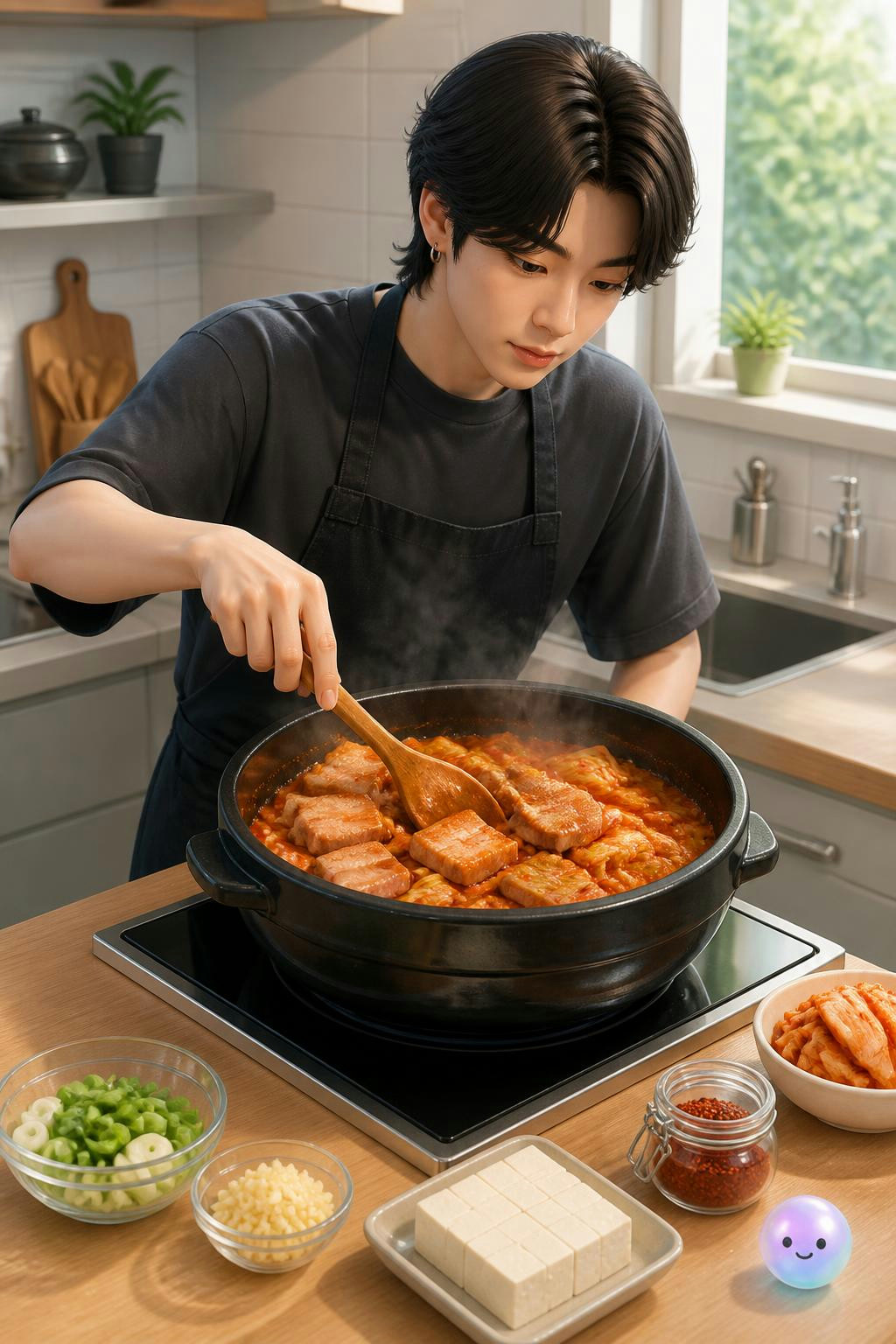 Dorar panceta de cerdo al principio es el secreto de Suga para su kimchi jjigae
