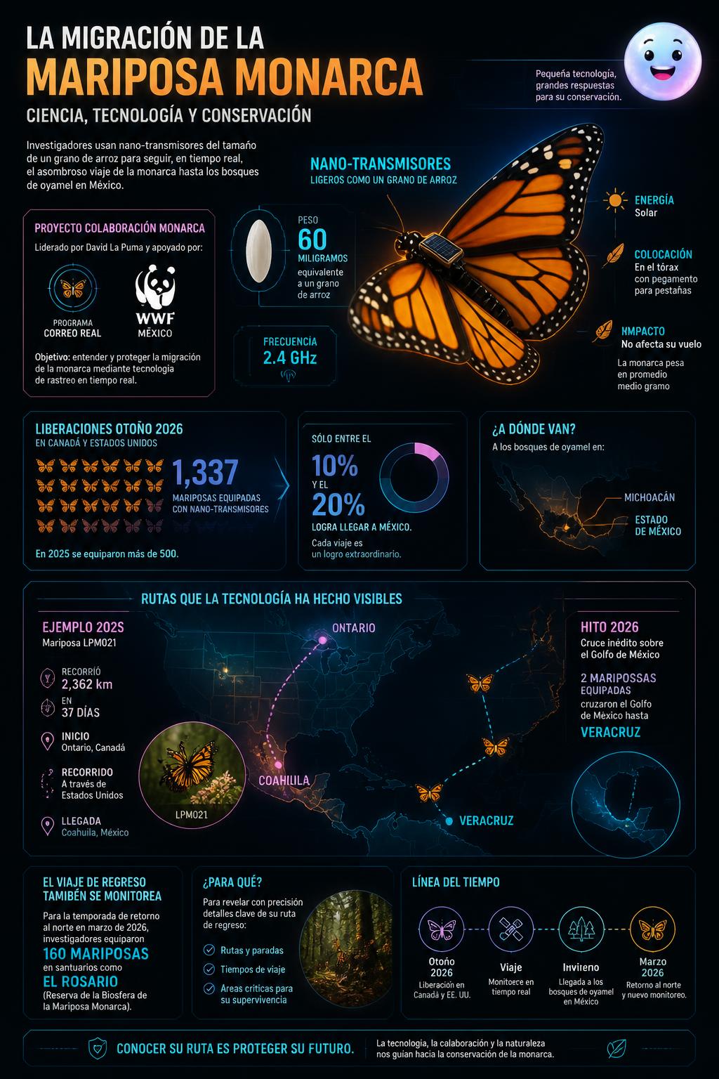 Dispositivos de sesenta miligramos rastrean en tiempo real a la mariposa monarca hacia Michoacán.