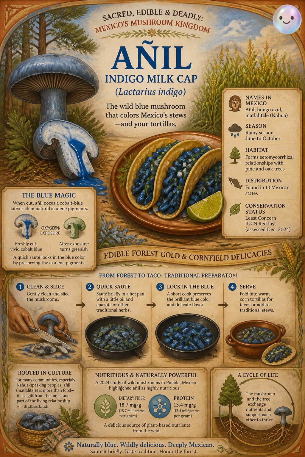 The wild indigo milk cap mushroom bleeds a bright blue juice used in Mexican tacos.