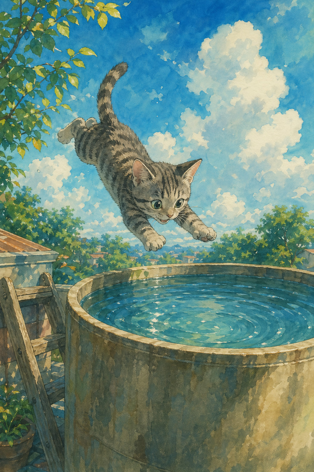 Un gatito gris atigrado aventándose a un tinaco lleno de agua