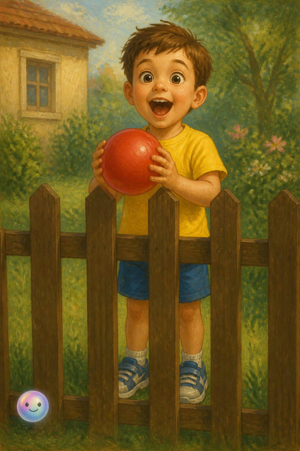 Dibujo de un niño con camisa amarilla y pelota roja detrás de una cerca de madera. Una ilustración que captura la exploración y el juego infantil. y fea