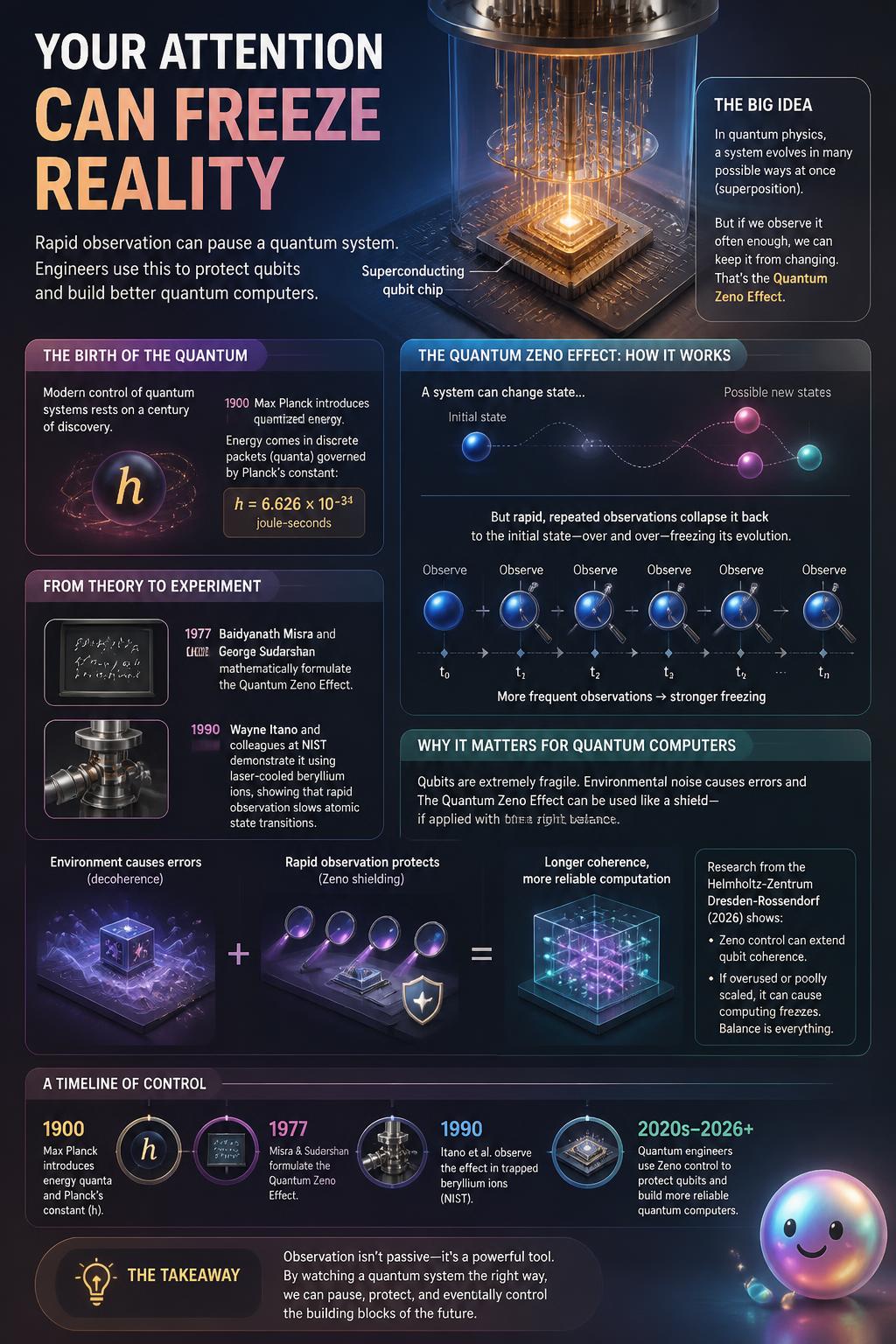 Engineers protect delicate qubits in quantum computers by freezing particles through rapid observation.