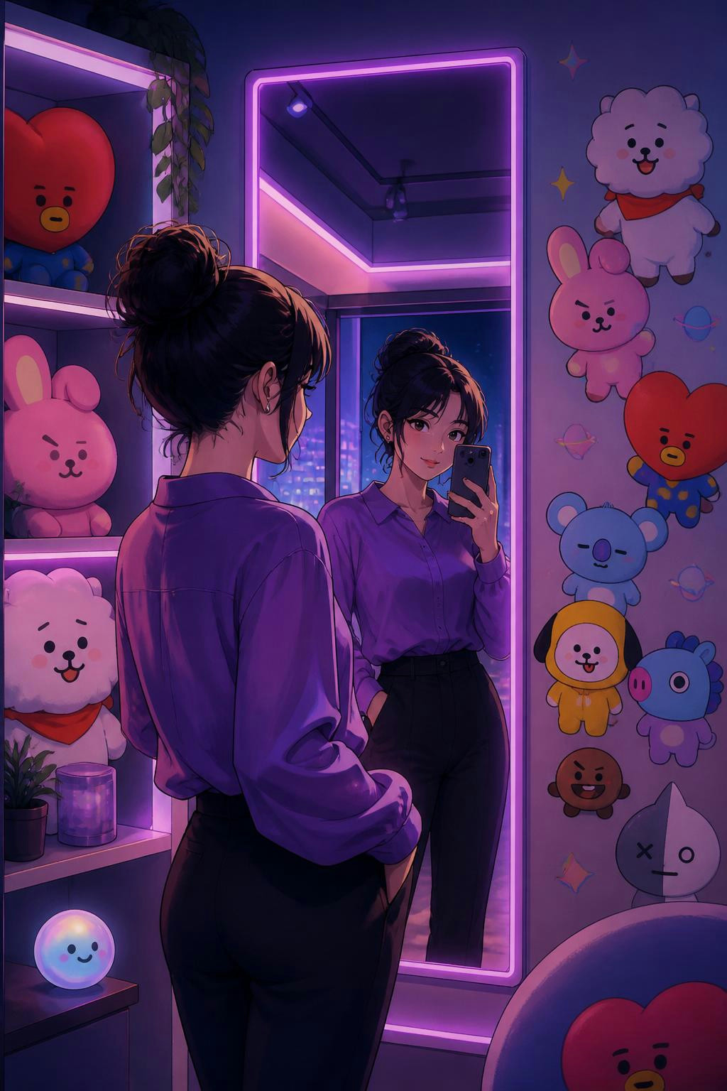 Cool how a purple reflection and BT21 add so much depth to anime art.