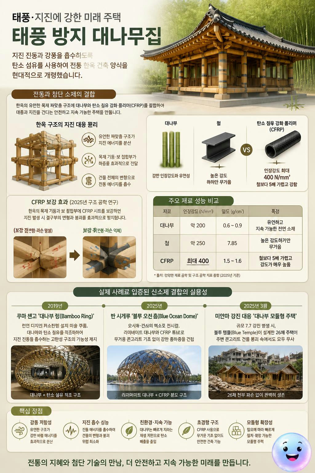 탄소 섬유로 개량한 전통 한옥은 강한 지진과 태풍의 충격을 스스로 흡수합니다