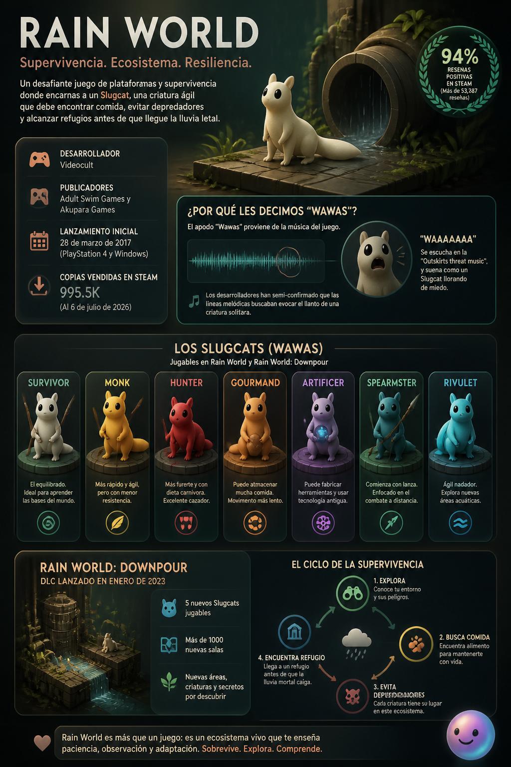 Haz una infografía sobre Rainworld (Juego) donde presentan a los Slugcats (y su apodo, Wawas, proviene de la música del juego donde se oye un waaaaaa de uno de los Slugcats llorando de miedo)