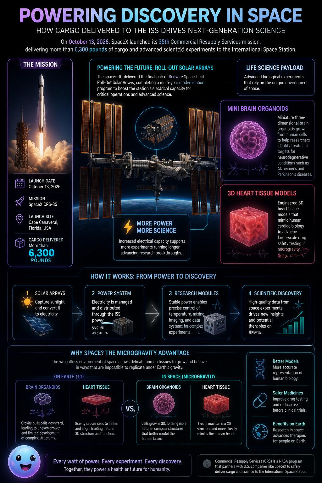 The space station's newest cargo delivery boosts electrical power and tests human tissues in microgravity.