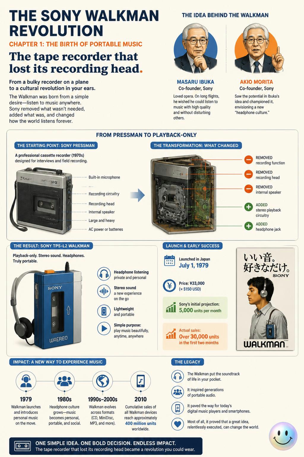 Losing its recording head is actually how a tape player became the Walkman.