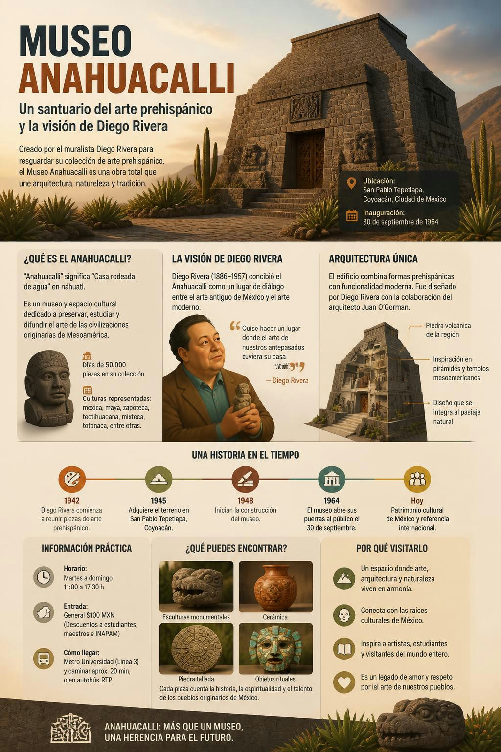 Diego Rivera diseñó un templo de lava para sus tesoros prehispánicos.