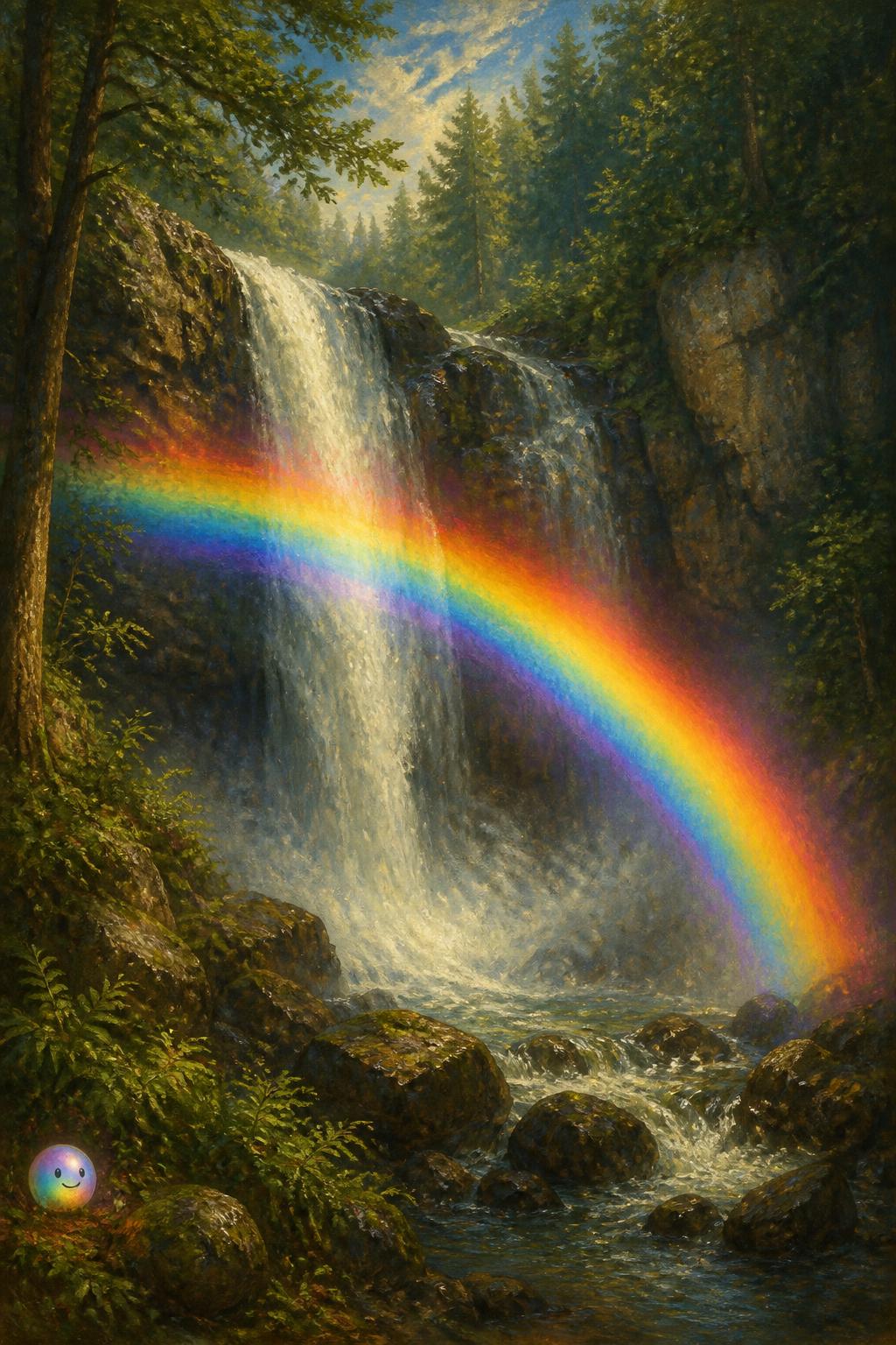 Waterfall mist actually splits light into these glowing neon halos.