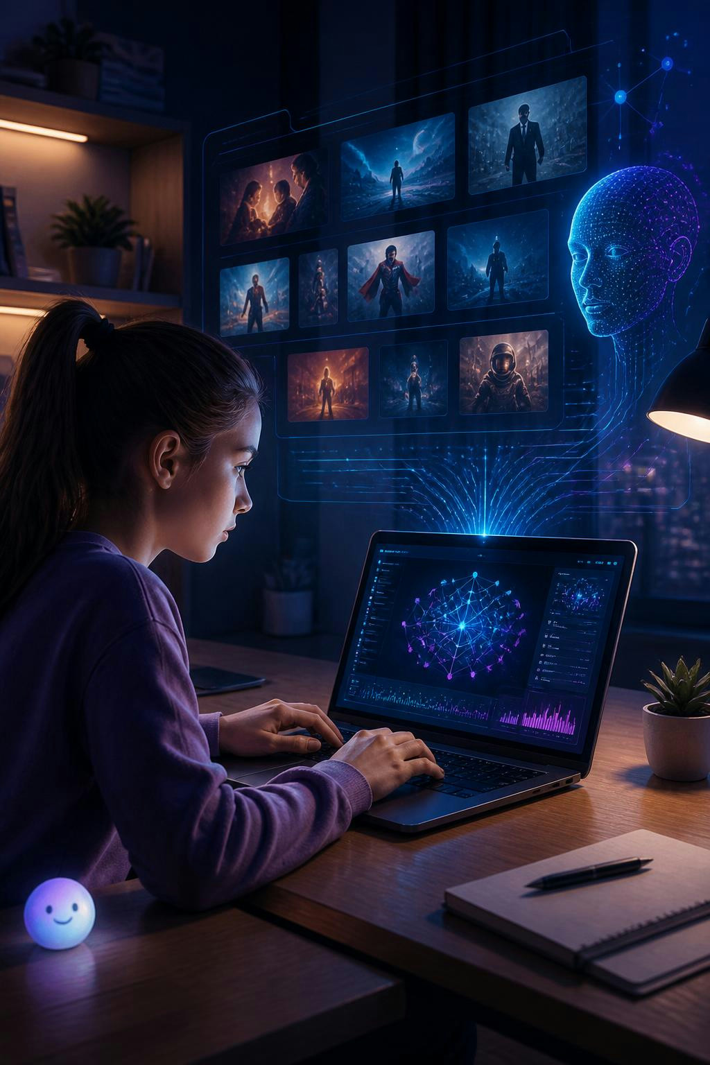 Crea una imagen de una niña haciendo tecnología