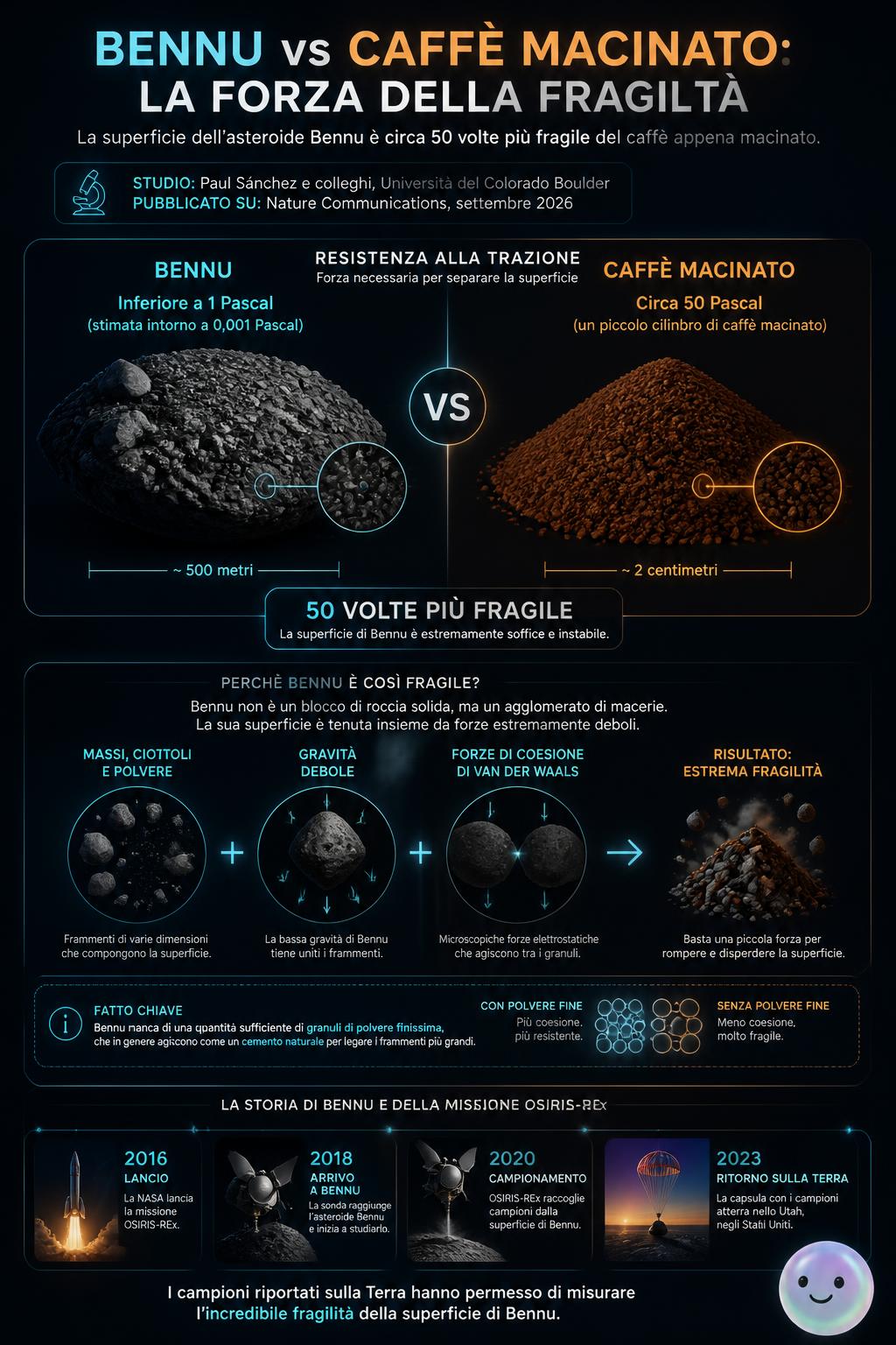 L'asteroide Bennu ha una superficie 50 volte più fragile del caffè appena macinato.