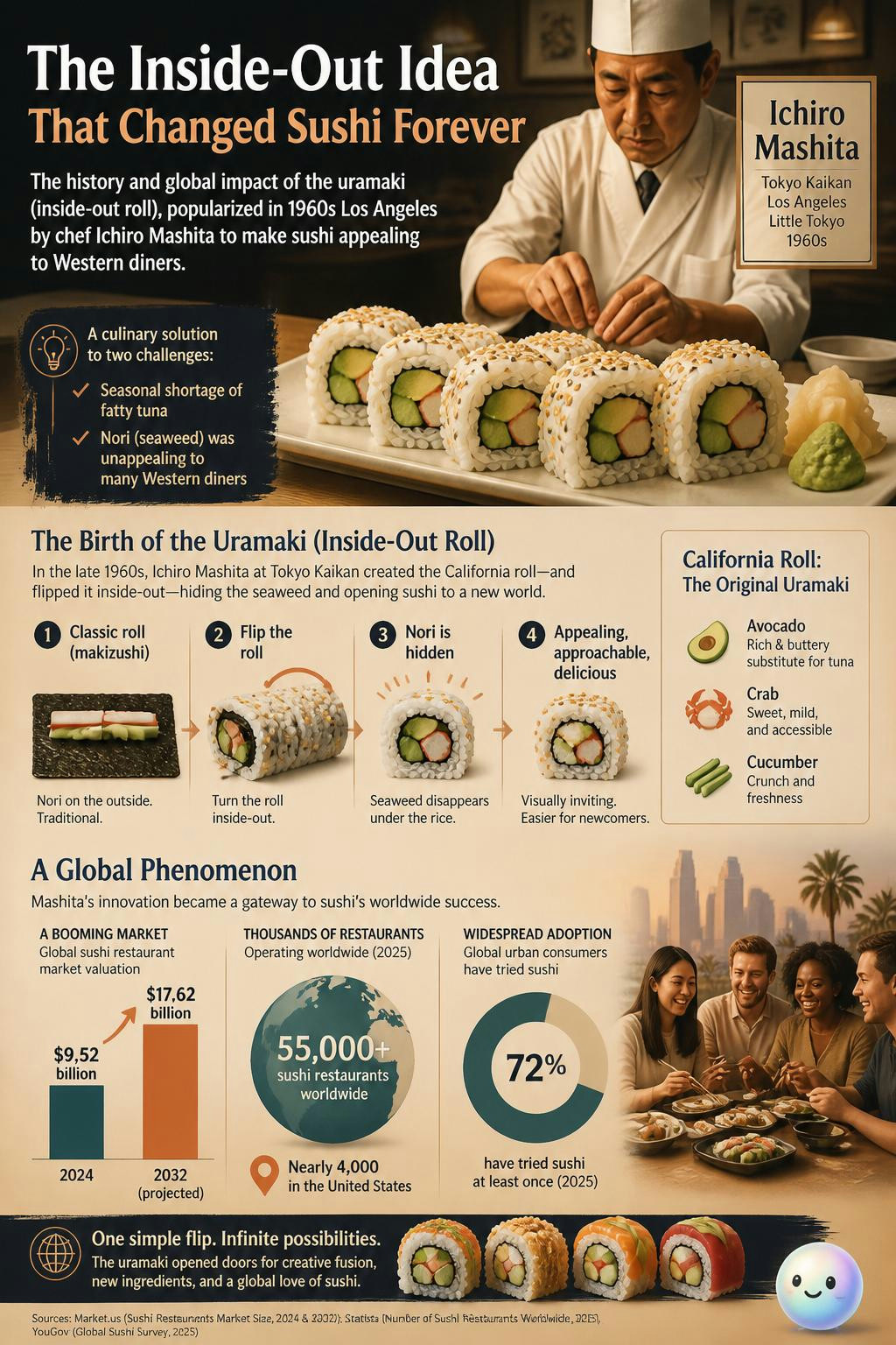 Sushi only went global because an LA chef hid the seaweed under the rice.