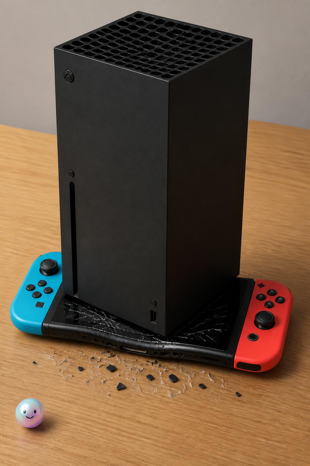 The towering Xbox Series X dwarfs the Nintendo Switch, highlighting their massive scale difference.