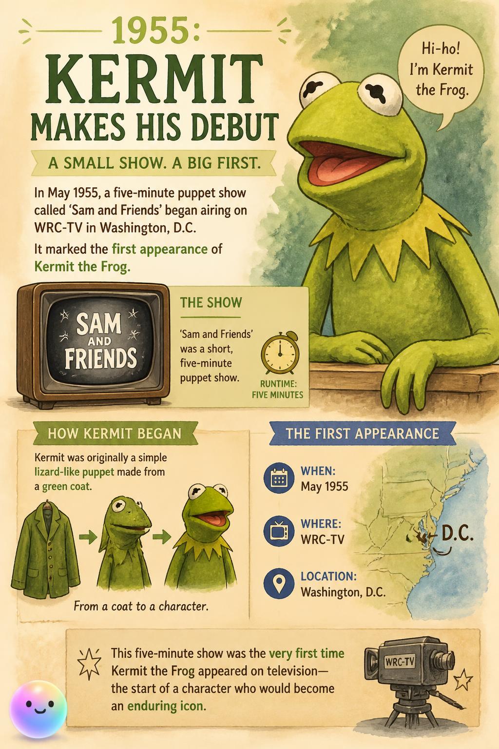 A puppet named Kermit makes his debut