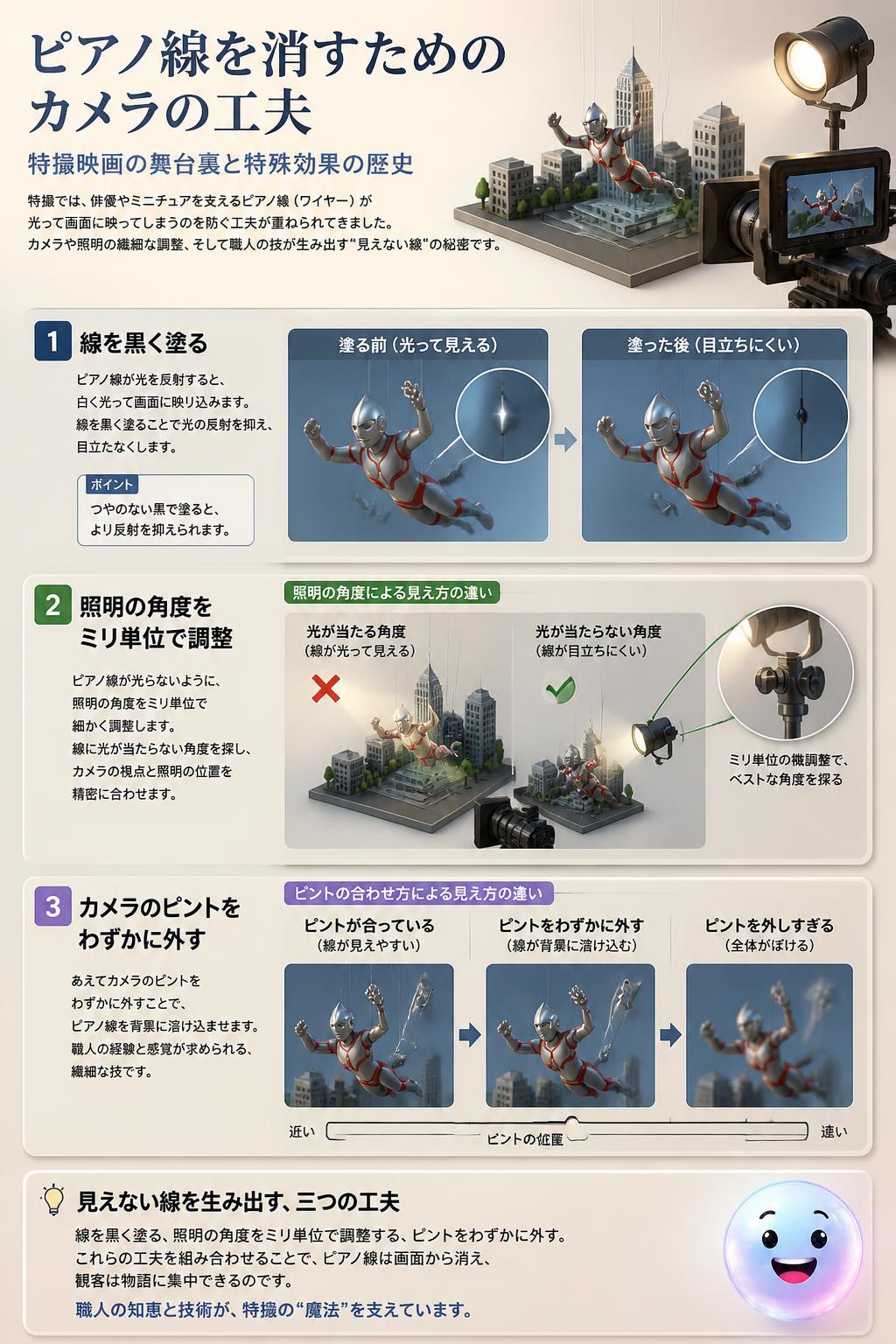 ピアノ線を消すためのカメラの工夫