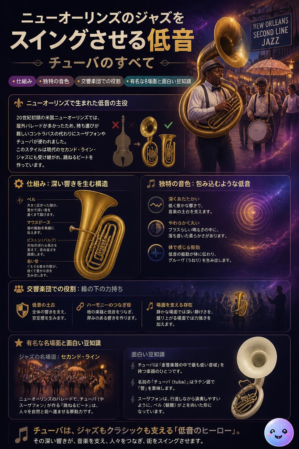 ニューオーリンズのジャズをスイングさせる低音