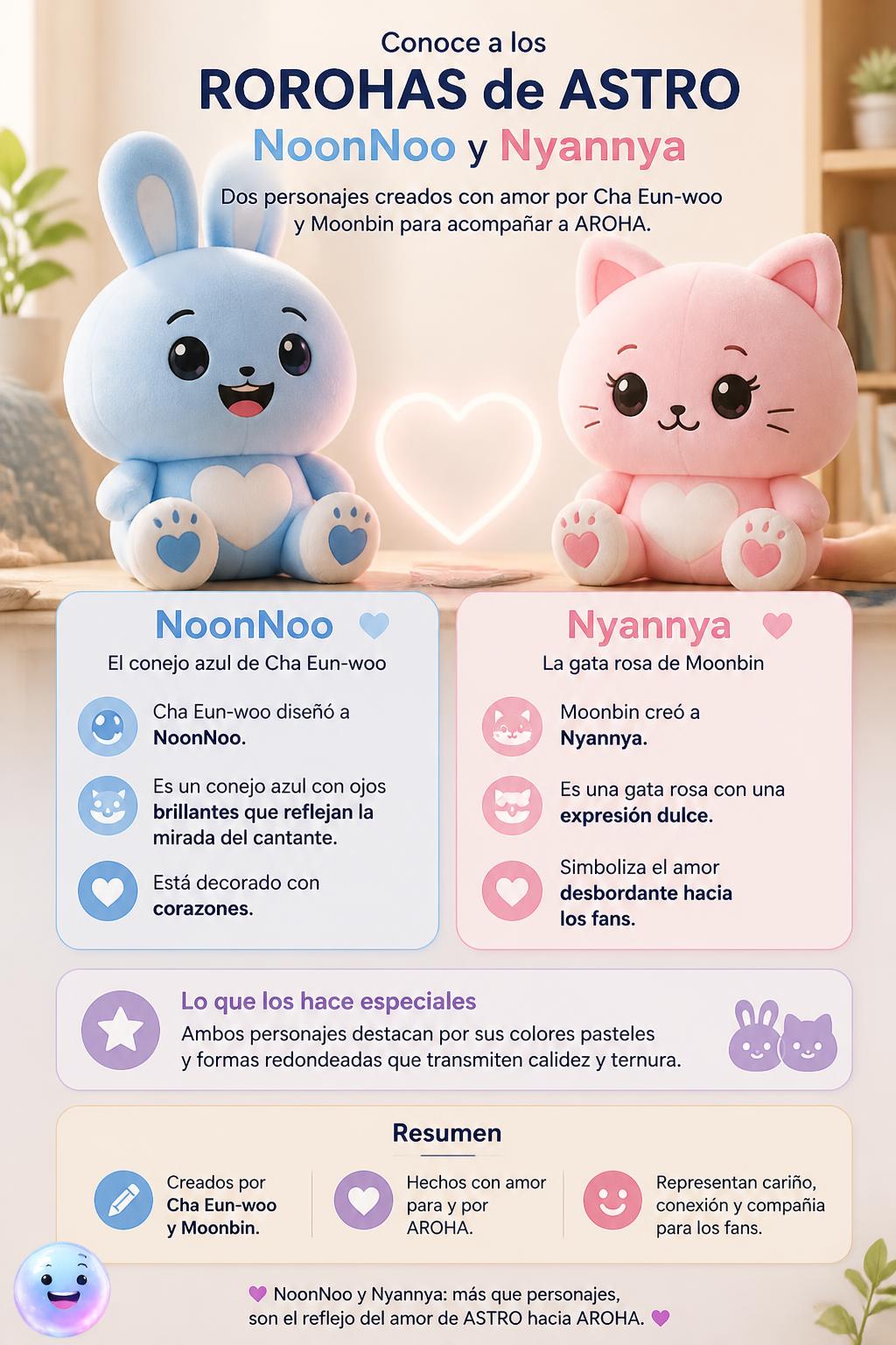 El conejo azul NoonNoo de Cha Eun-woo y el gato rosa Nyannya de Moonbin comparten formas redondeadas y colores pasteles.