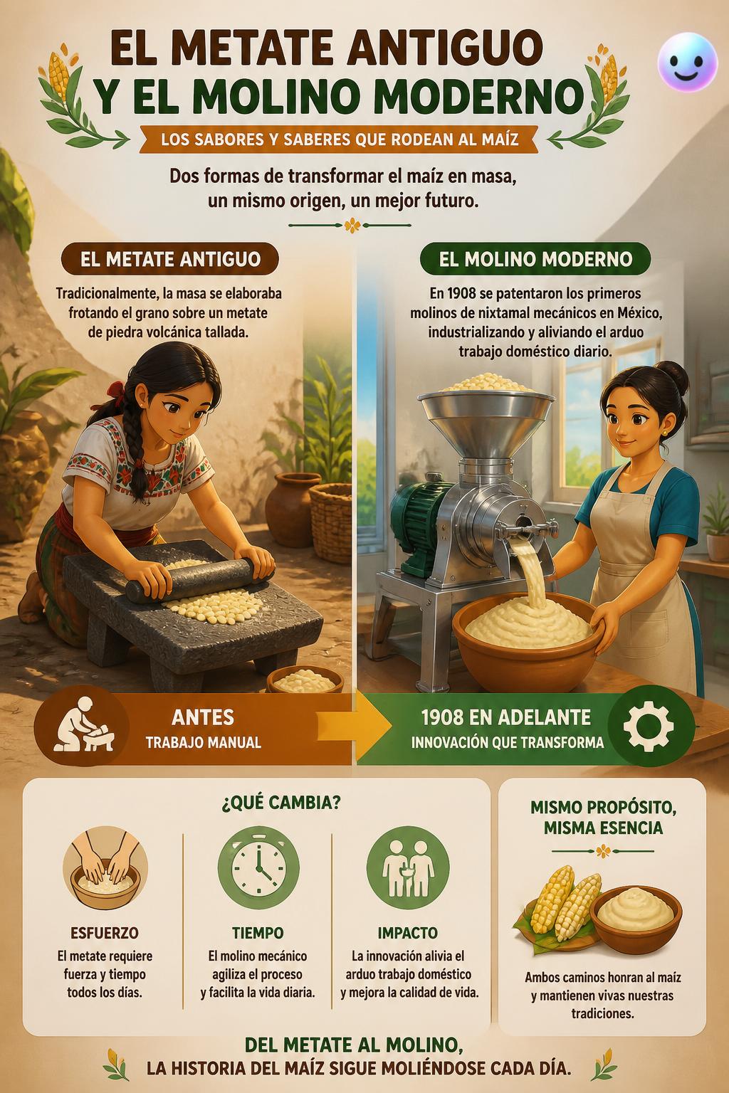 El metate antiguo y el molino moderno