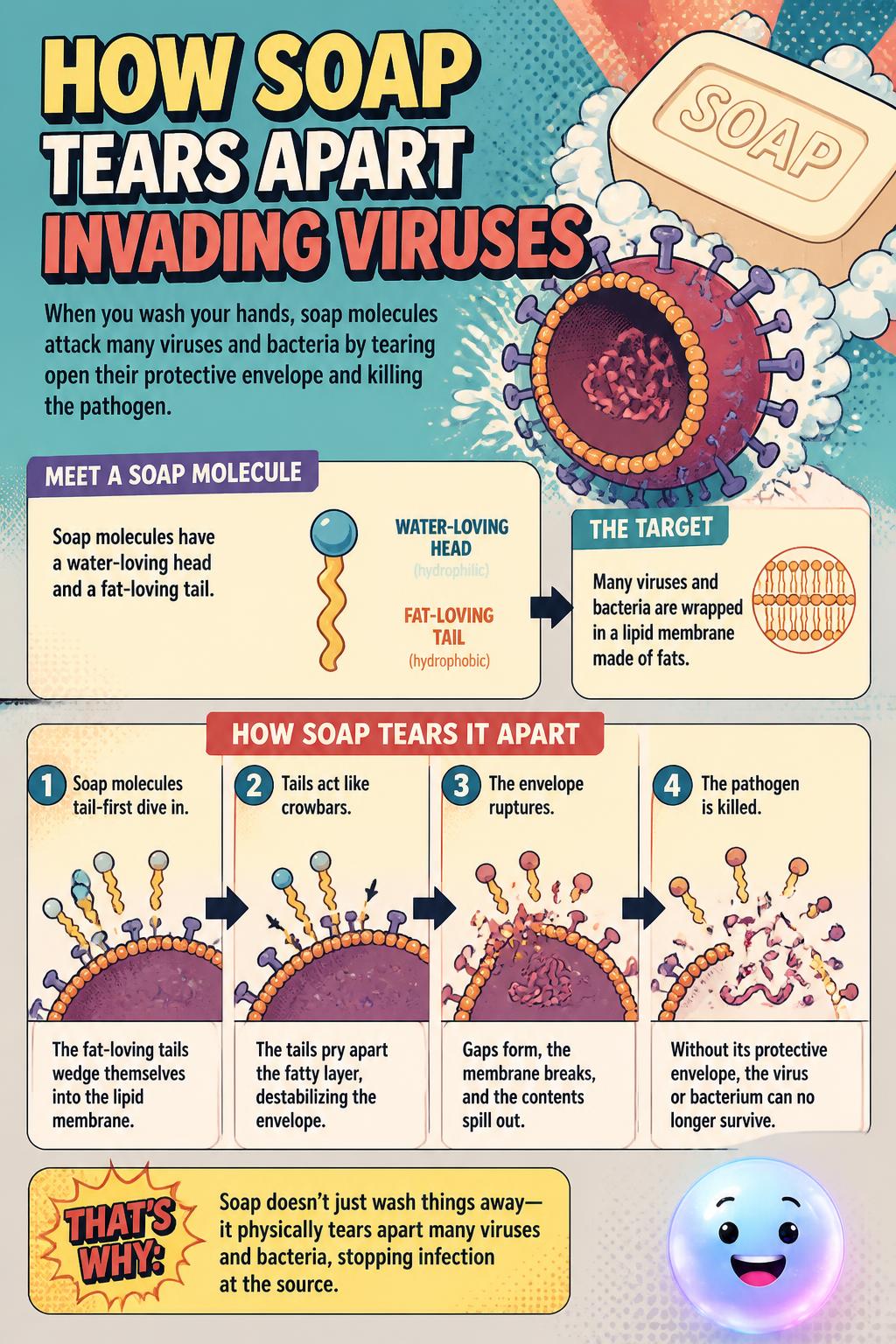 How soap molecules tear apart invading viruses