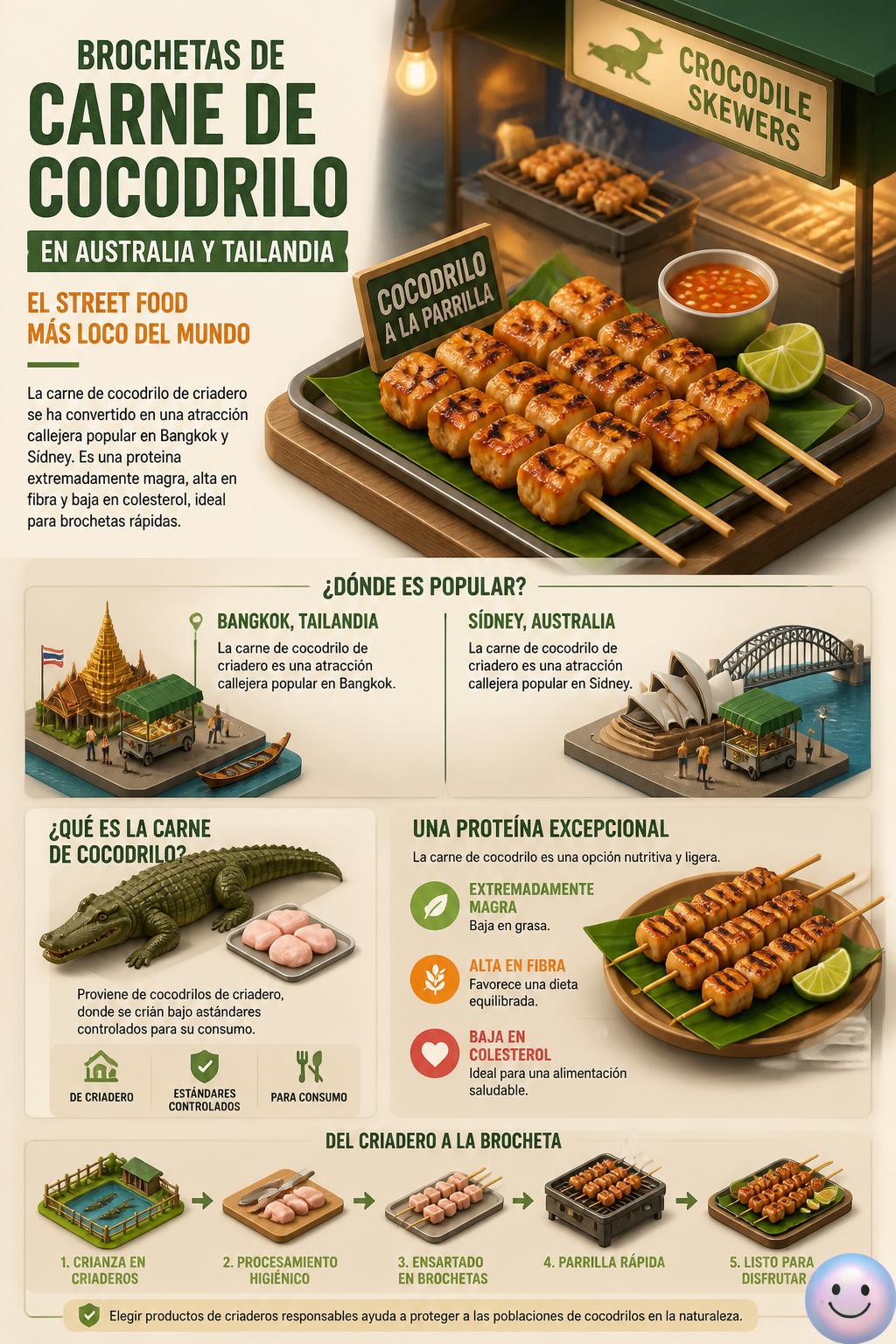 Brochetas de carne de cocodrilo en Australia y Tailandia